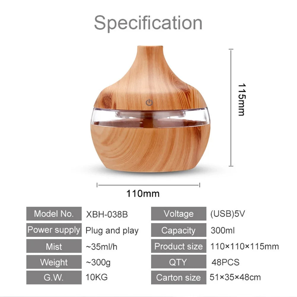 300ml Wood Grain Humidifier 7 Colors Aroma Diffuser Atomizer USB Household Humidifier Hydrating Instrument Desktop Humidifier