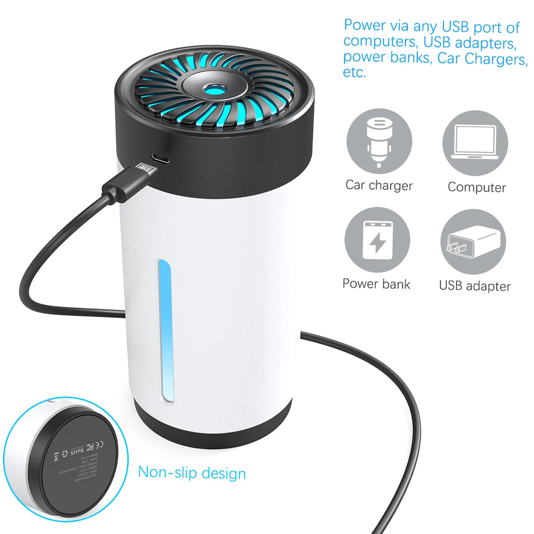 300ml Mini Ultrasonic USB Humidifier with 7 Colors LED Light Dual Mist Modes Whisper-Quiet Operation & Automatic Shut-Off