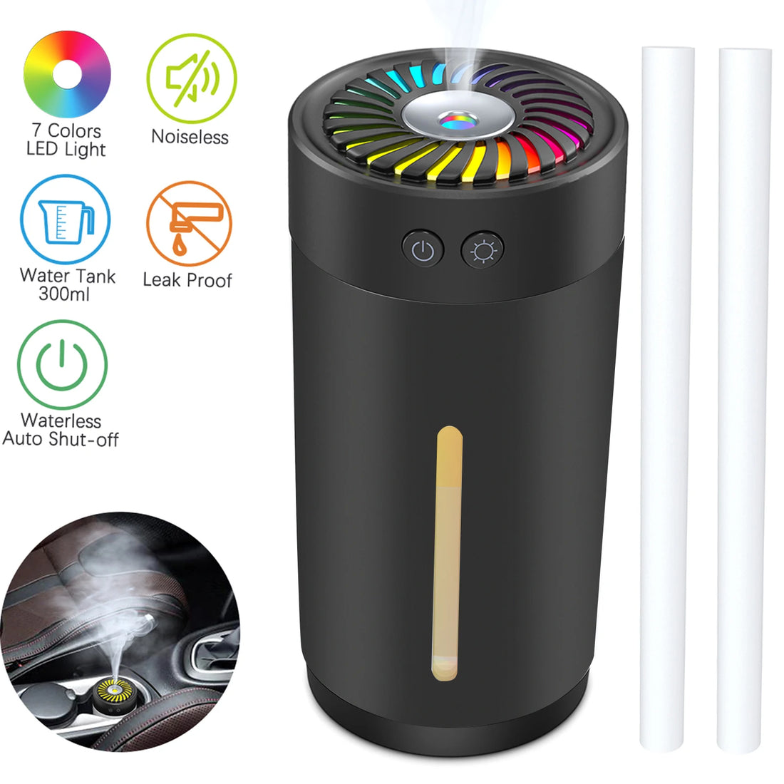 300ml Mini Ultrasonic USB Humidifier with 7 Colors LED Light Dual Mist Modes Whisper-Quiet Operation & Automatic Shut-Off