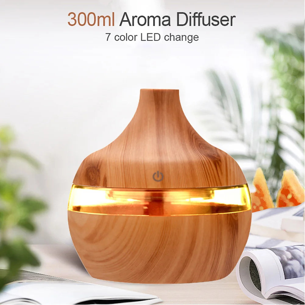 300ml Wood Grain Humidifier 7 Colors Aroma Diffuser Atomizer USB Household Humidifier Hydrating Instrument Desktop Humidifier