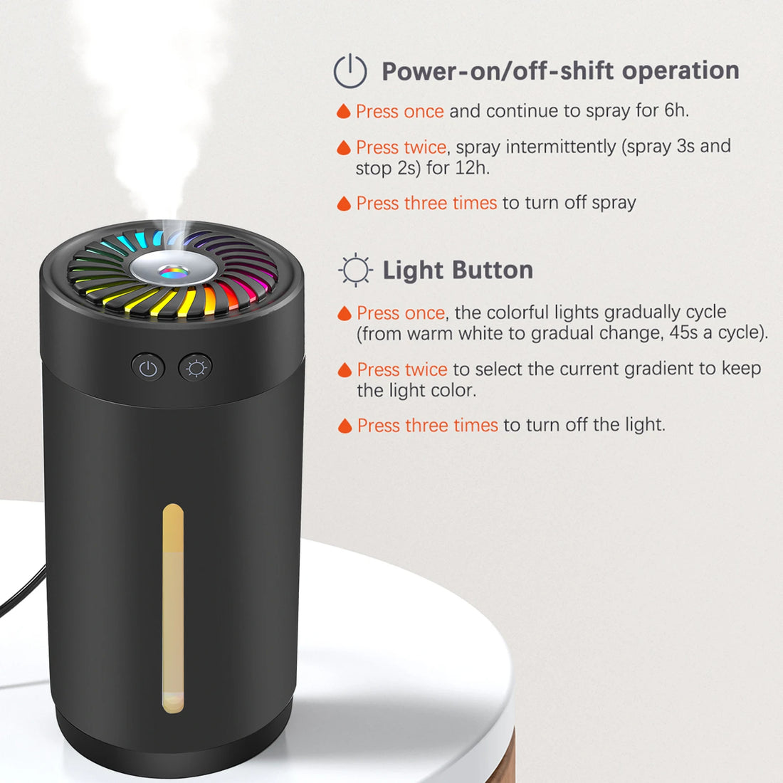 300ml Mini Ultrasonic USB Humidifier with 7 Colors LED Light Dual Mist Modes Whisper-Quiet Operation & Automatic Shut-Off