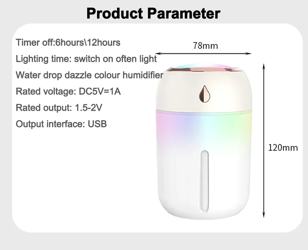 Mini USB Portable Air Humidifier, Aroma Diffuser, LED Cool Light, Mist for Room, Home, Car, Plant Purifier, 330ml ﻿